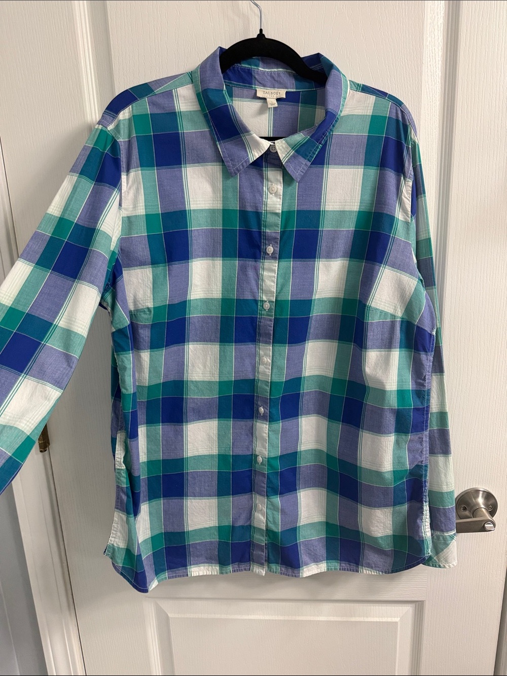 Talbots Blue, Green & White Plaid Button-Down Blouse